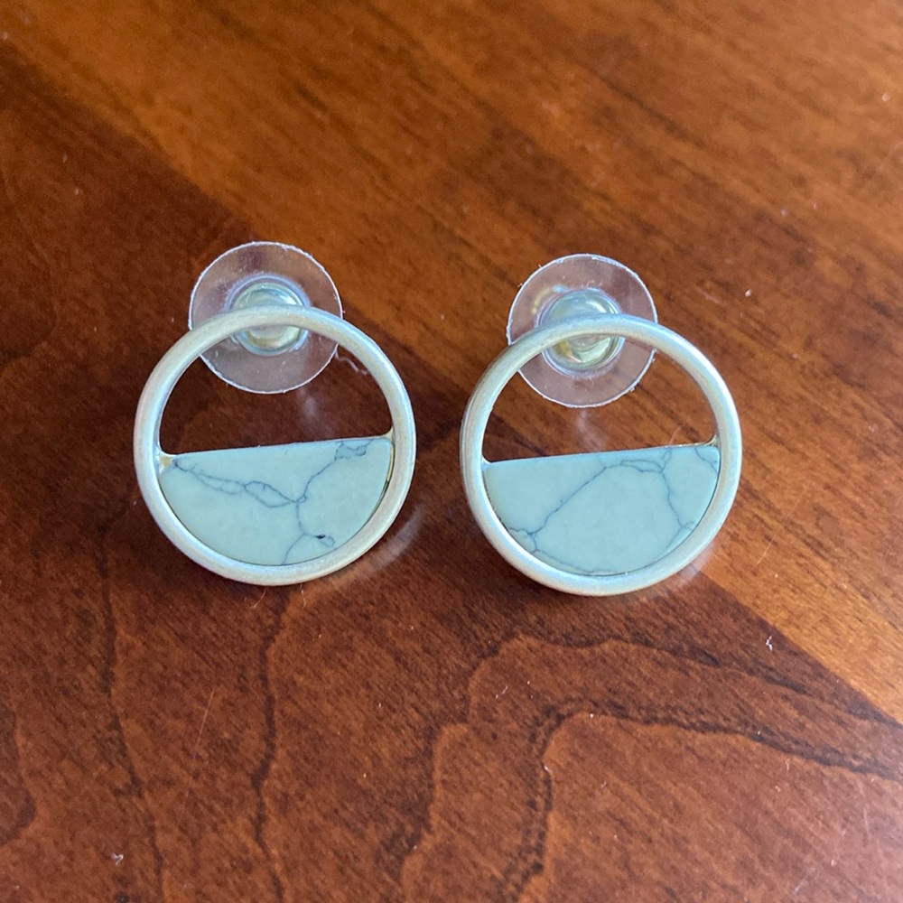 Silver earrings w/ blue-green half moon shaped stone.Matching necklace listed
